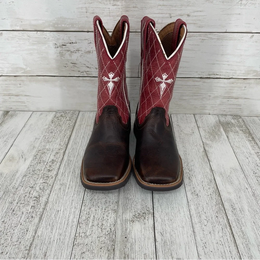 Twisted X Kids Red‎ & Brown Leather Square Toe Cowboy Boots Size 9.5M Western